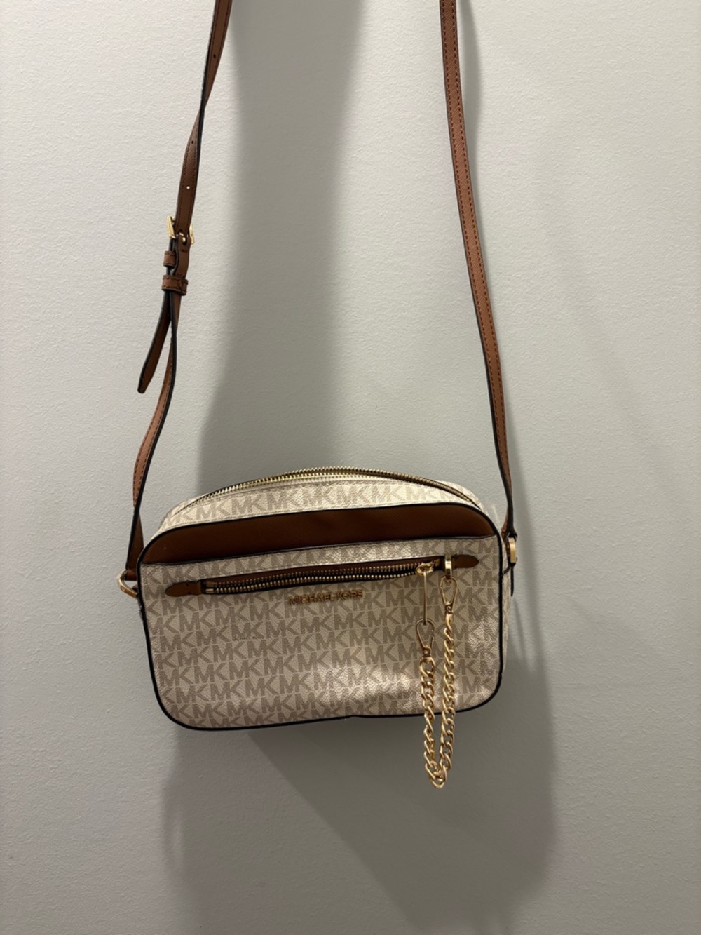 Michael Kors Cream and Brown Monogram Crossbody with Gold Chain